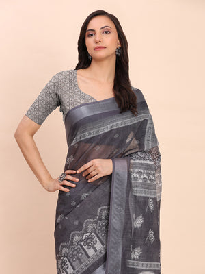 Black SANSKRIT PRINTS Linen Cotton Saree with Blouse Piece