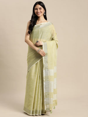 Olive Green Linen Cotton Saree With Blouse Piece