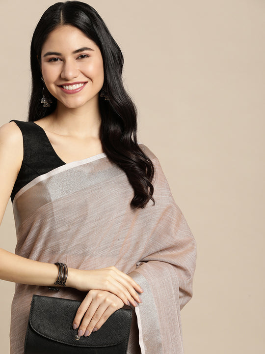 Beige Linen Cotton Saree With Blouse Piece