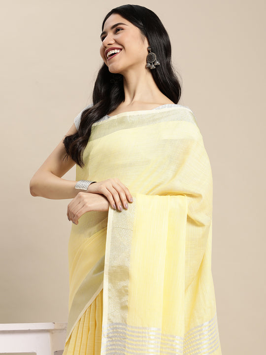 Yellow Linen Cotton Saree With Blouse Piece