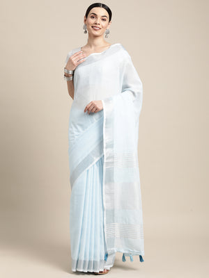 Sky Blue Linen Cotton Saree With Blouse Piece
