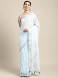 Sky Blue Linen Cotton Saree With Blouse Piece