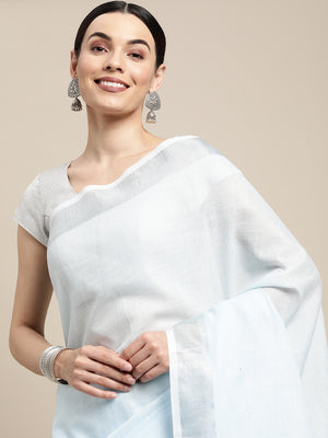 Sky Blue Linen Cotton Saree With Blouse Piece