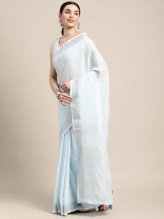 Sky Blue Linen Cotton Saree With Blouse Piece