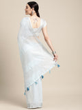 Sky Blue Linen Cotton Saree With Blouse Piece
