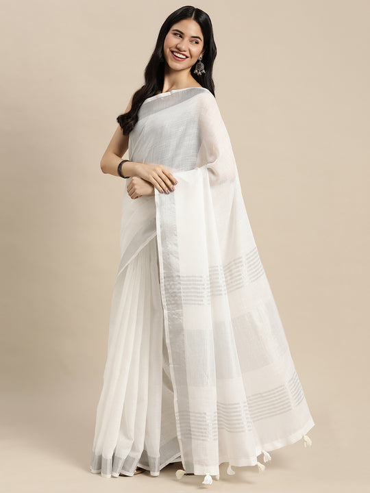 White Linen Cotton Saree With Blouse Piece