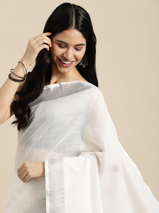 White Linen Cotton Saree With Blouse Piece