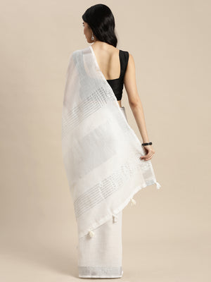 White Linen Cotton Saree With Blouse Piece