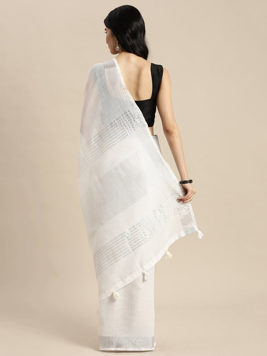 White Linen Cotton Saree With Blouse Piece