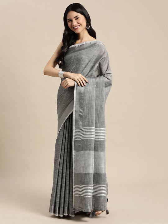 Dark Grey Linen Cotton Saree With Blouse Piece
