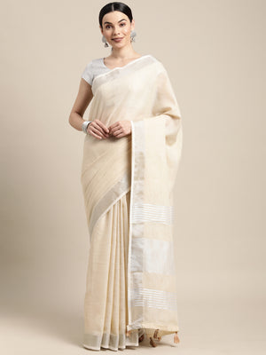 Cream Linen Cotton Saree With Blouse Piece