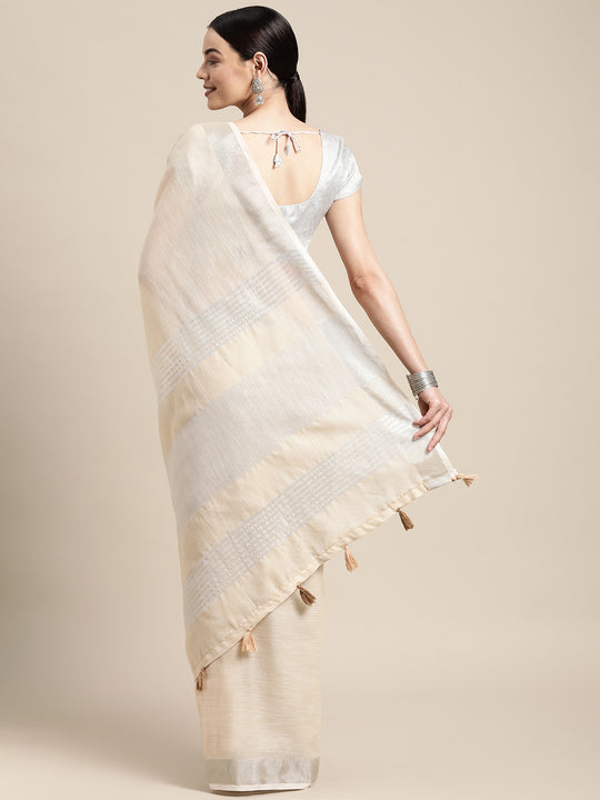Cream Linen Cotton Saree With Blouse Piece