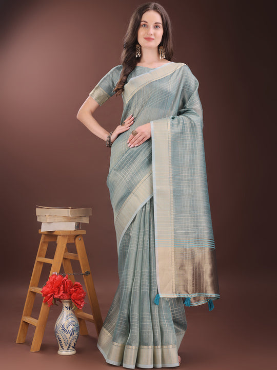 Light Blue Organza Saree With Blouse Piece