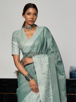 Sea Green Linen Saree With Blouse Piece