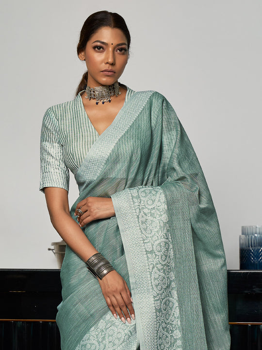 Sea Green Linen Saree With Blouse Piece