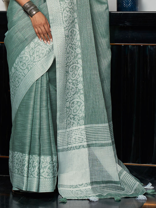 Sea Green Linen Saree With Blouse Piece