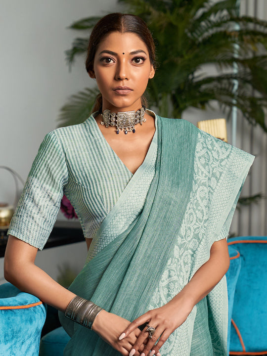 Sea Green Linen Saree With Blouse Piece
