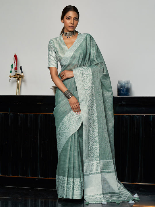 Sea Green Linen Saree With Blouse Piece