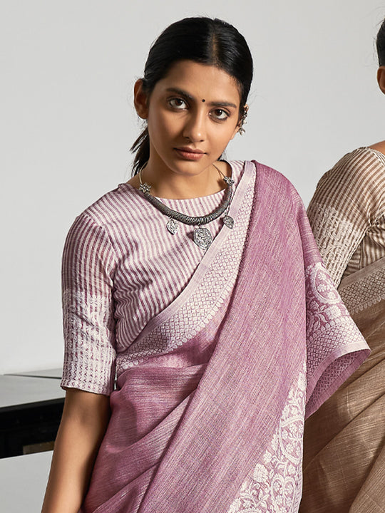 Purple Linen Saree With Blouse Piece
