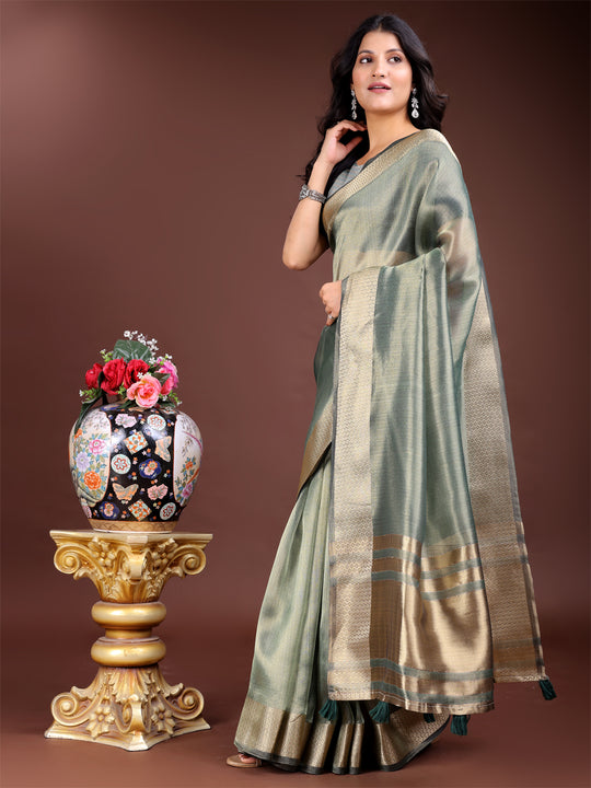 Sea Green Organza Saree With Blouse Piece
