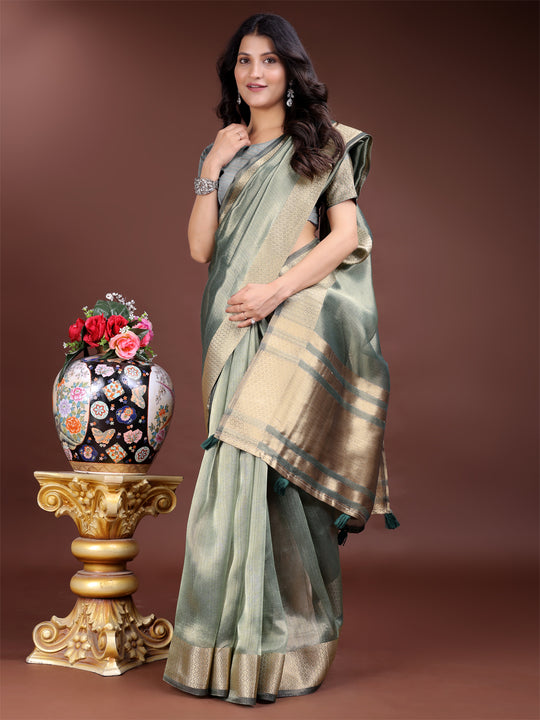 Sea Green Organza Saree With Blouse Piece