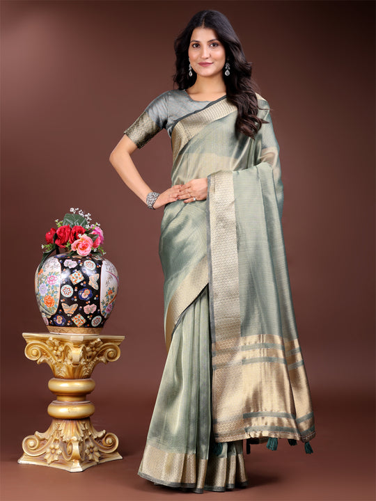 Sea Green Organza Saree With Blouse Piece