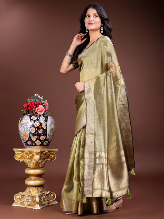 Mehndi Green Organza Saree With Blouse Piece