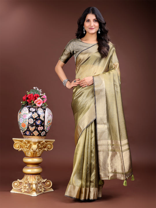 Mehndi Green Organza Saree With Blouse Piece