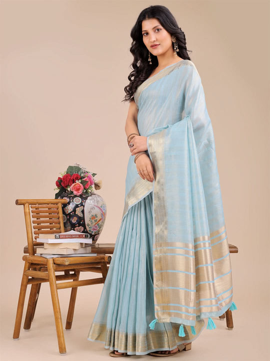 Sky Blue Organza Saree With Blouse Piece
