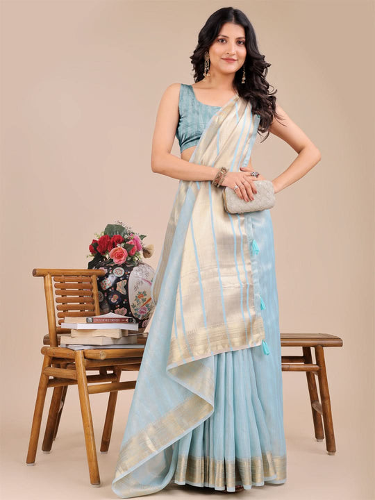 Sky Blue Organza Saree With Blouse Piece