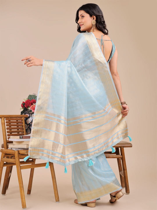 Sky Blue Organza Saree With Blouse Piece