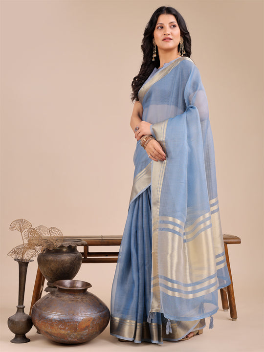 Sky Blue Organza Saree With Blouse Piece