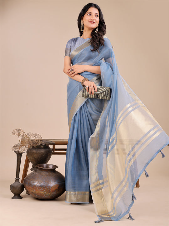 Sky Blue Organza Saree With Blouse Piece