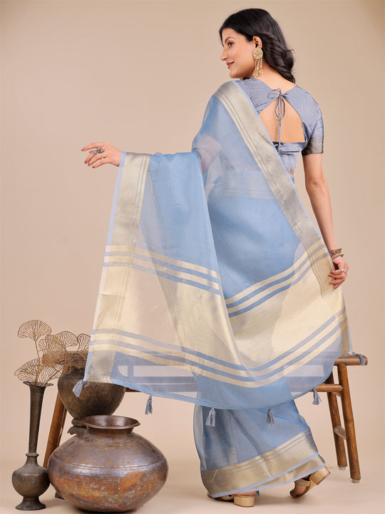 Sky Blue Organza Saree With Blouse Piece