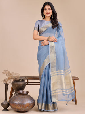 Sky Blue Organza Saree With Blouse Piece
