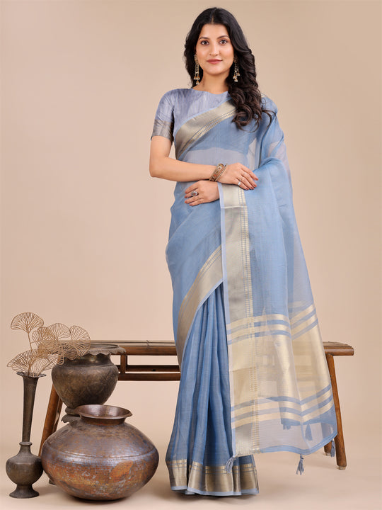 Sky Blue Organza Saree With Blouse Piece