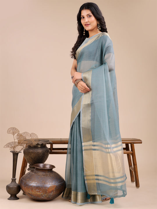 Sea Green Organza Saree With Blouse Piece