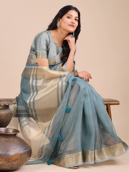 Sea Green Organza Saree With Blouse Piece