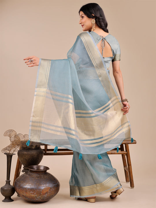 Sea Green Organza Saree With Blouse Piece