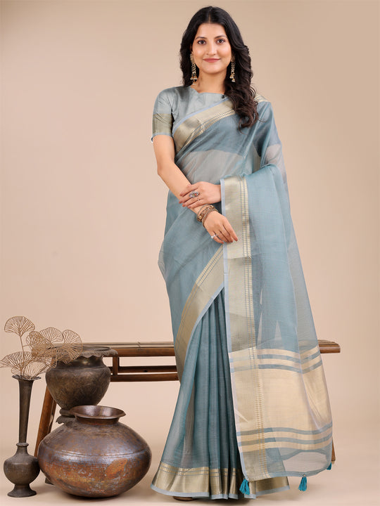 Sea Green Organza Saree With Blouse Piece