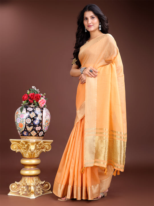 Orange Cotton Saree With Blouse Piece