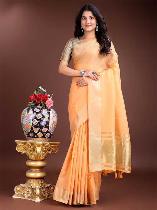 Orange Cotton Saree With Blouse Piece