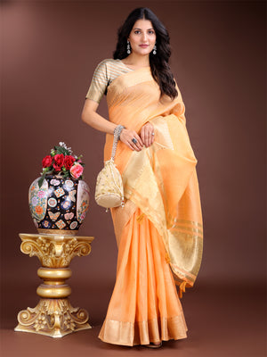 Orange Cotton Saree With Blouse Piece