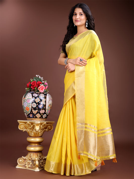 Yellow Cotton Saree With Blouse Piece