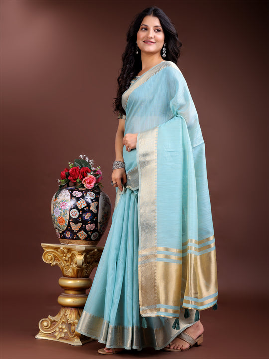 Sky Blue Cotton Saree With Blouse Piece