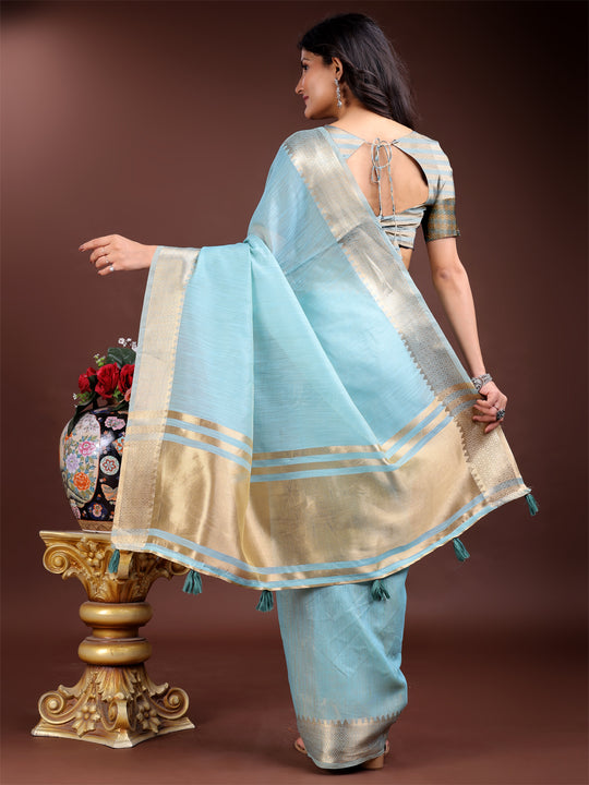 Sky Blue Cotton Saree With Blouse Piece