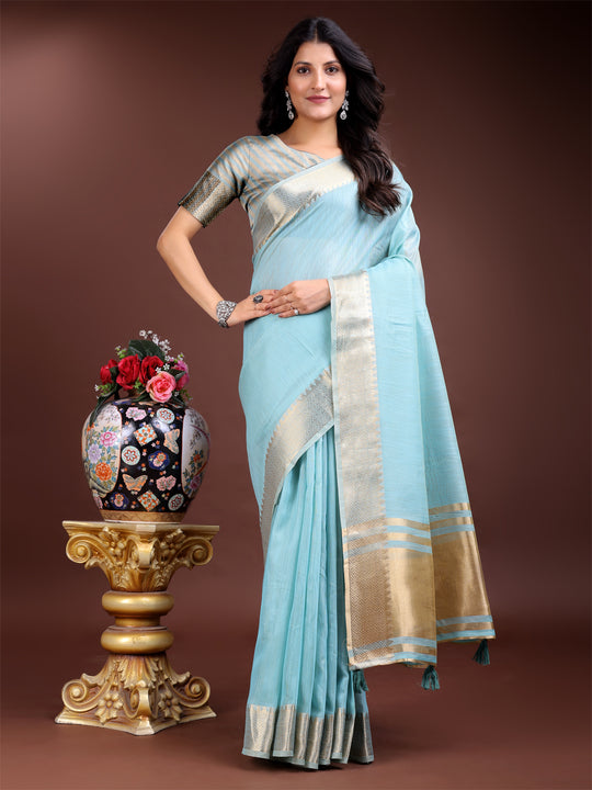 Sky Blue Cotton Saree With Blouse Piece