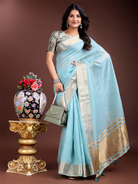Sky Blue Cotton Saree With Blouse Piece