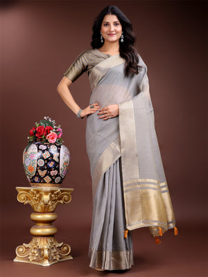 Grey Cotton Saree With Blouse Piece