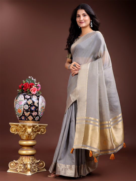 Grey Cotton Saree With Blouse Piece